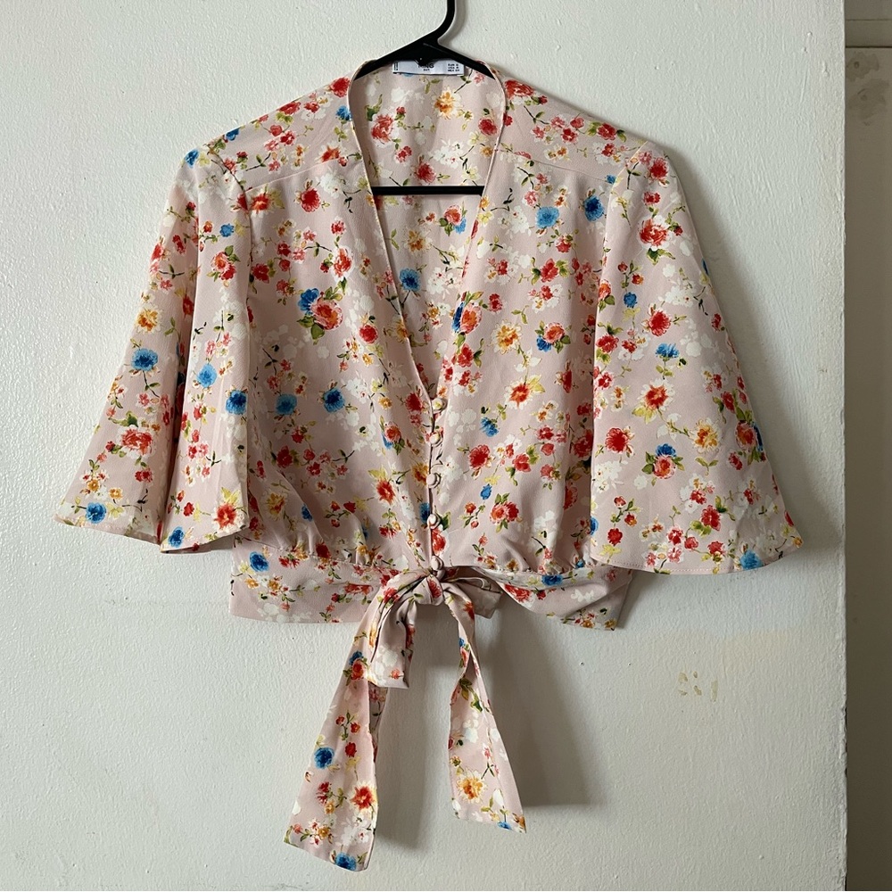 Mango Floral Print Blouse with Tie Detail